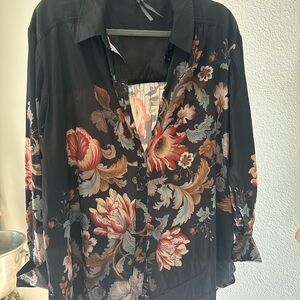 Anthropologie Black Floral Button-Down Blouse with Rust and Cream Blooms